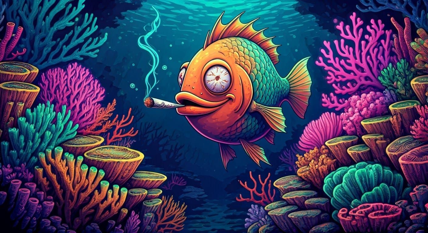 Psychedelic Fish Smokes Joint in Coral Reef
