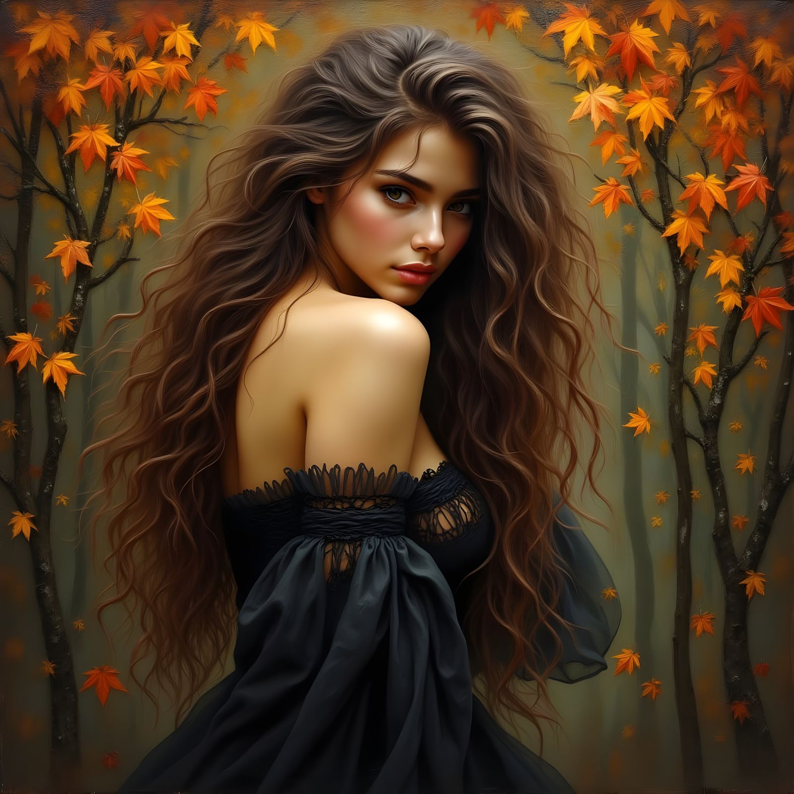 Norse Goddess Gefjun Sadly Gazes Over Autumn Landscape