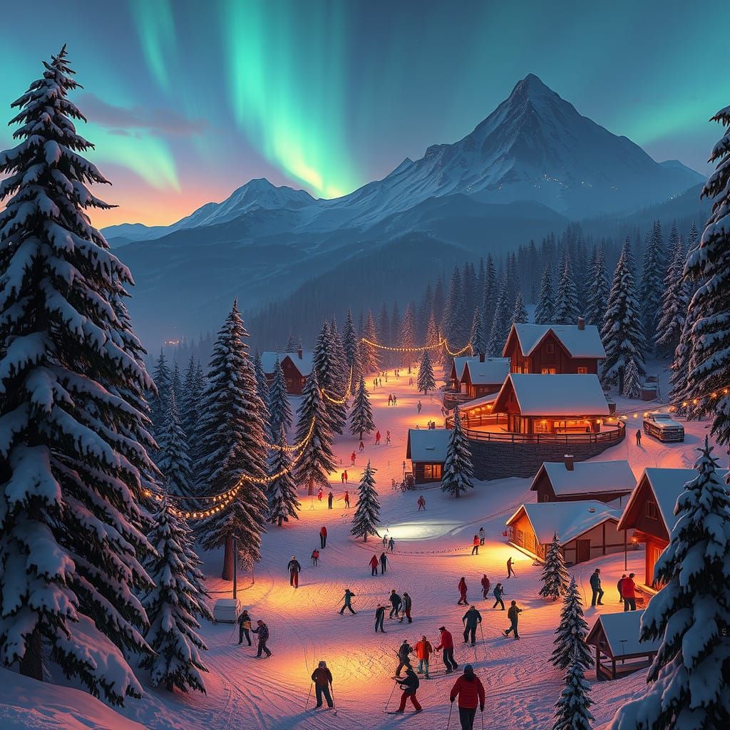 Ski Resort Under Mystical Snow-Capped Peaks