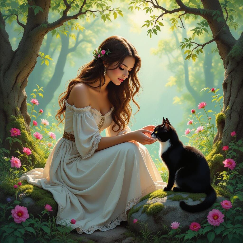 Enchanted Forest Glade with Woman and Cat