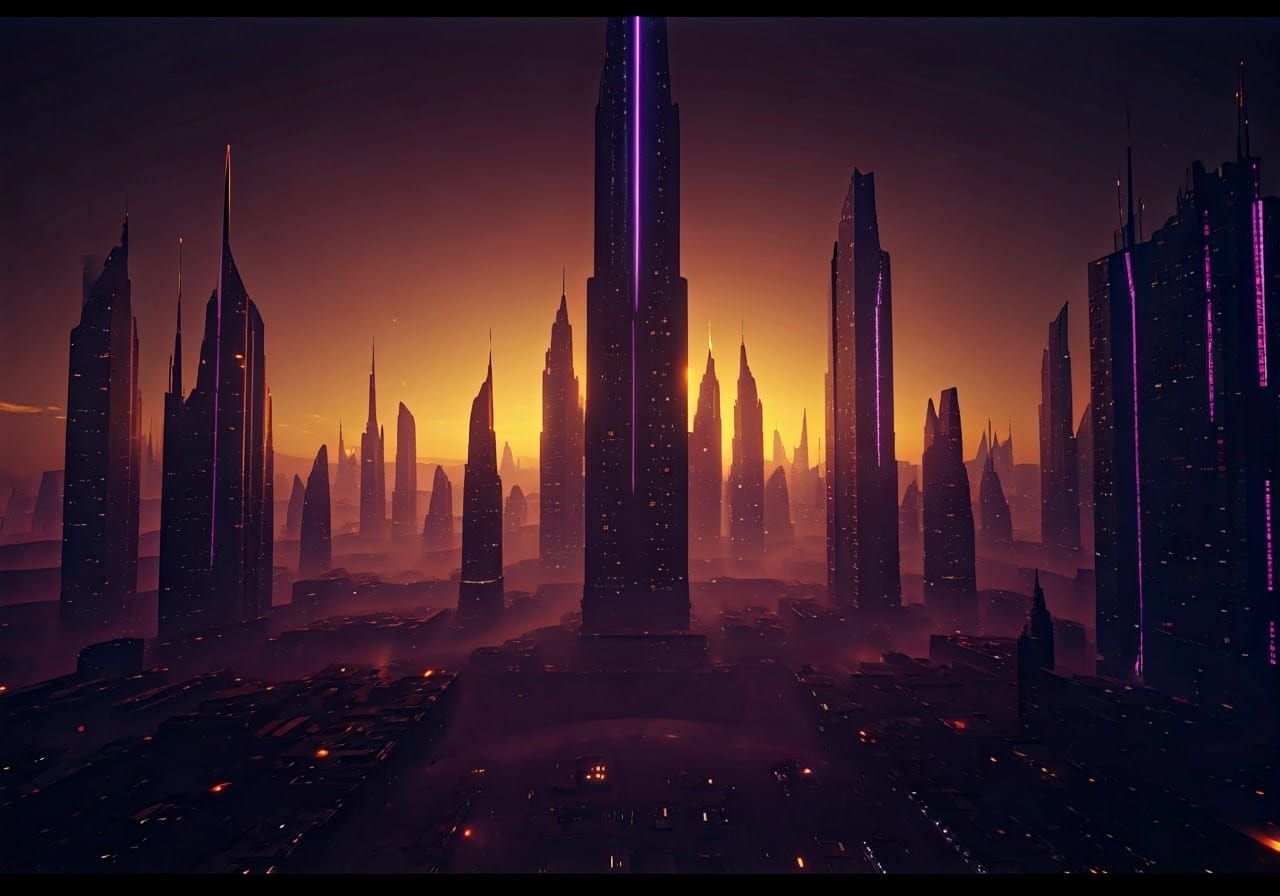 Luminous Futuristic Cityscape in Ethereal Fog
