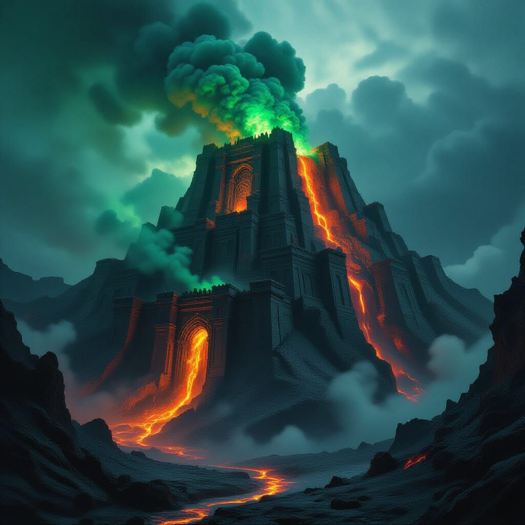 Obsidian Fortress on Volcano, Menacing Digital Matte Paintin...