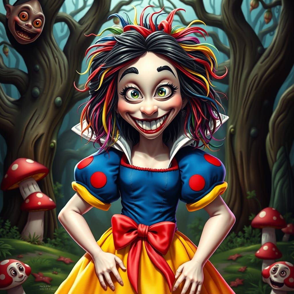 Grotesque Cartoon Parody of Snow White in a Bright, Clownish...