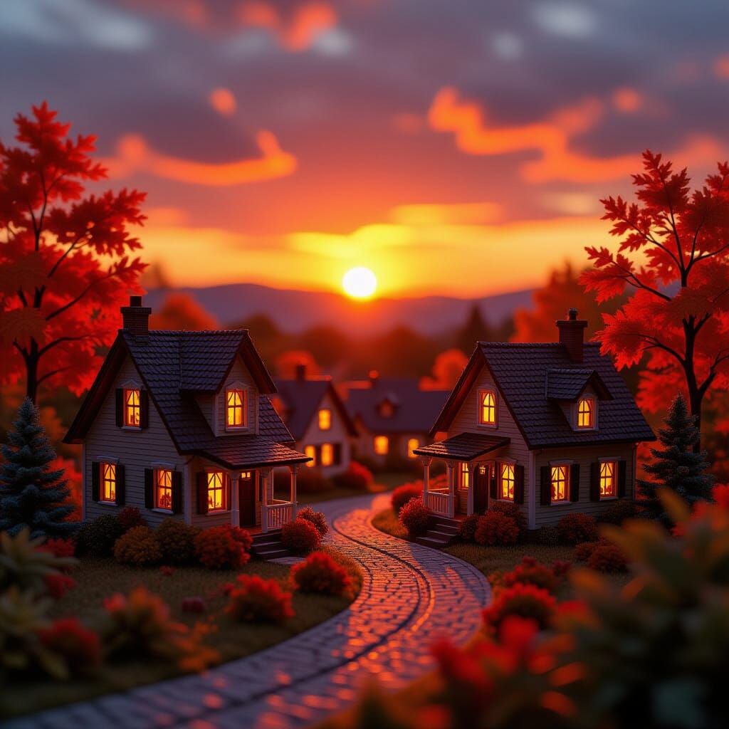 Miniature Autumn Village at Dramatic Sunset