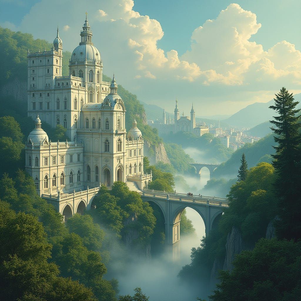 Ethereal Cityscape with White Palaces and Lush Greenery in D...