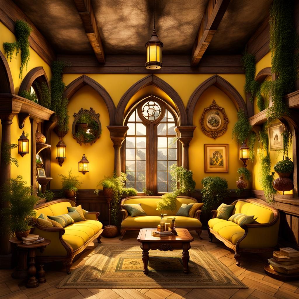 Cozy Hufflepuff Common Room with Plants and Yellow Accents