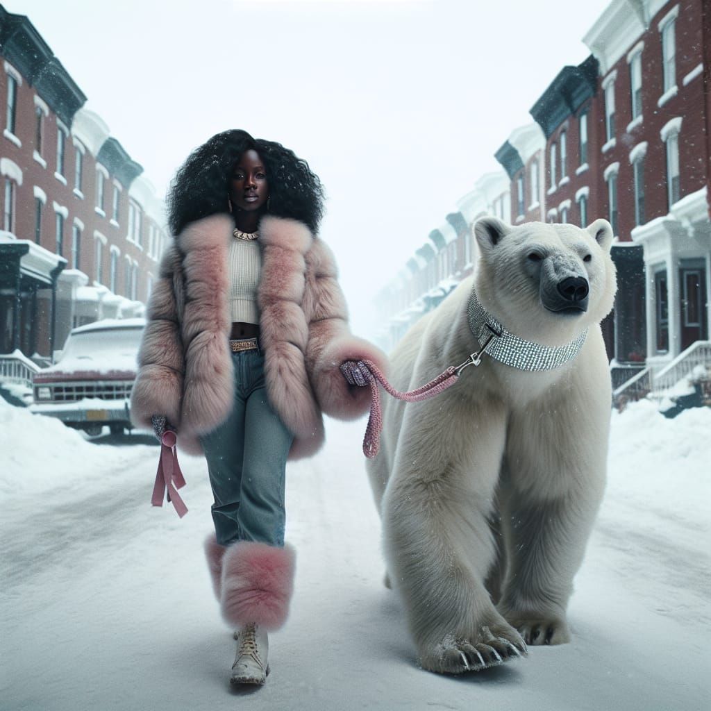 Woman Walks Polar Bear in Snowy Philadelphia Film Still