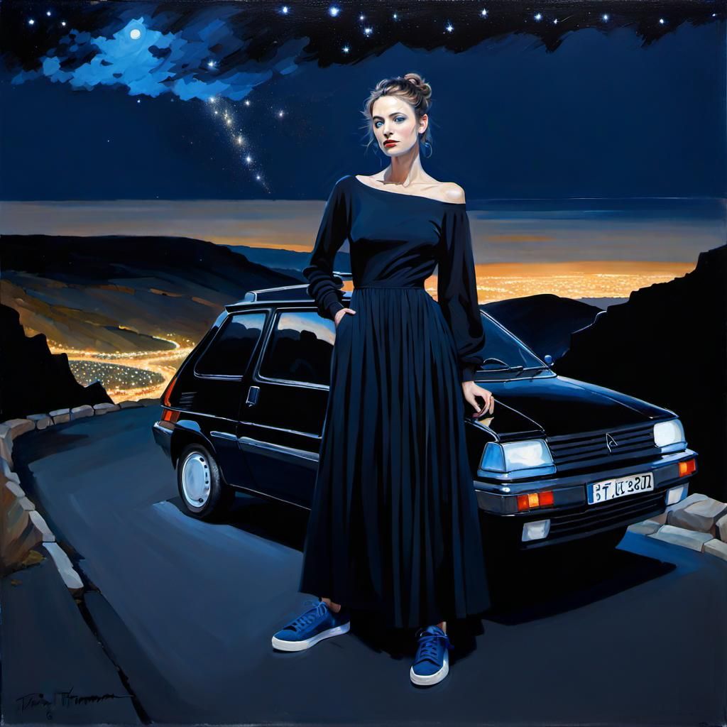 French Woman Posing by Car at Night in Oil Painting