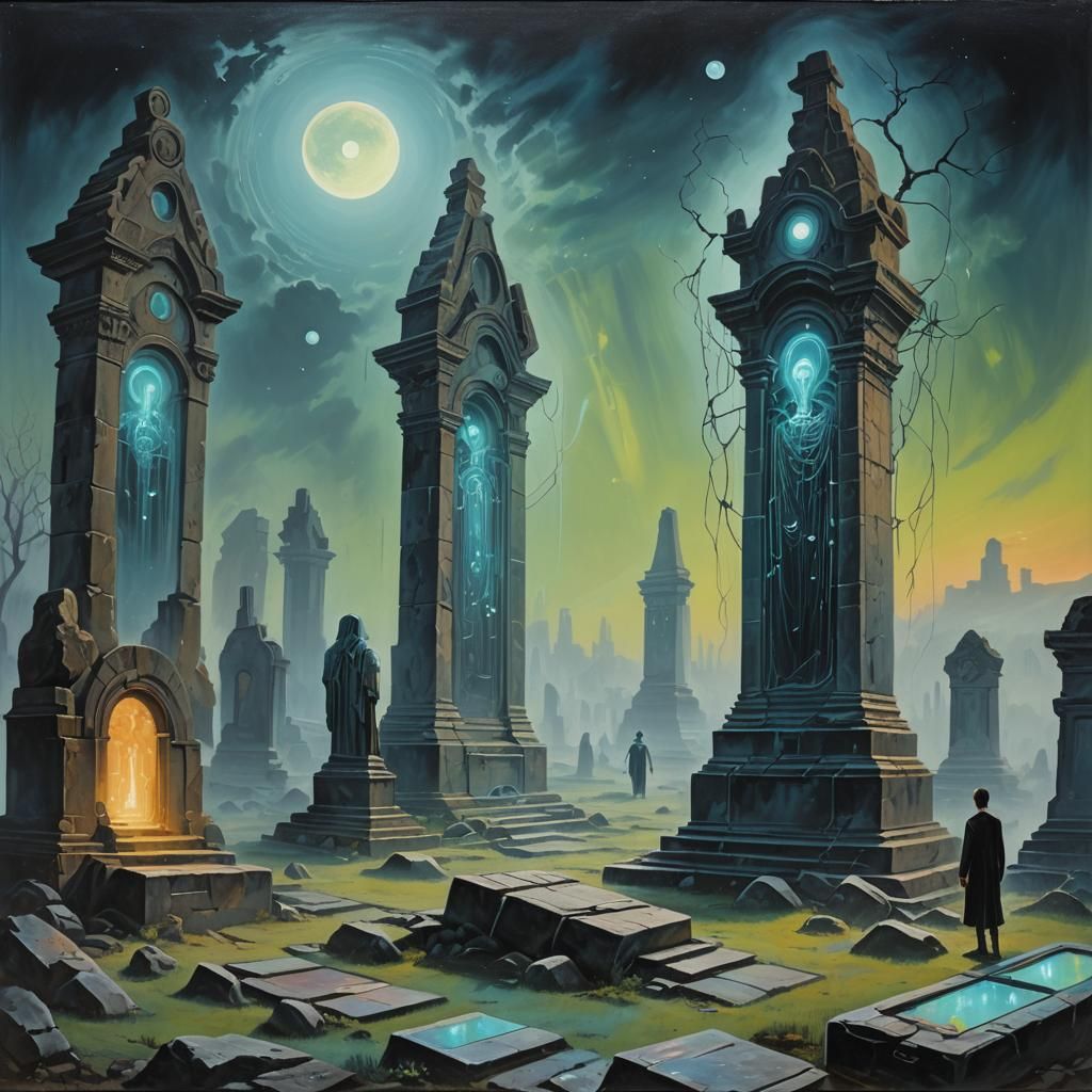 Androids in Cemetery: Surrealist Oil Painting