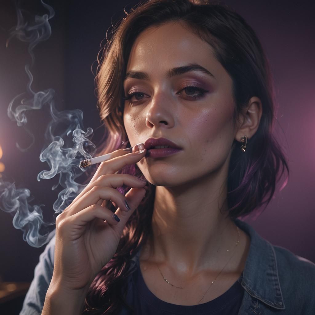 Hyperrealistic Portrait of a Person Smoking in a Dimly Lit R...
