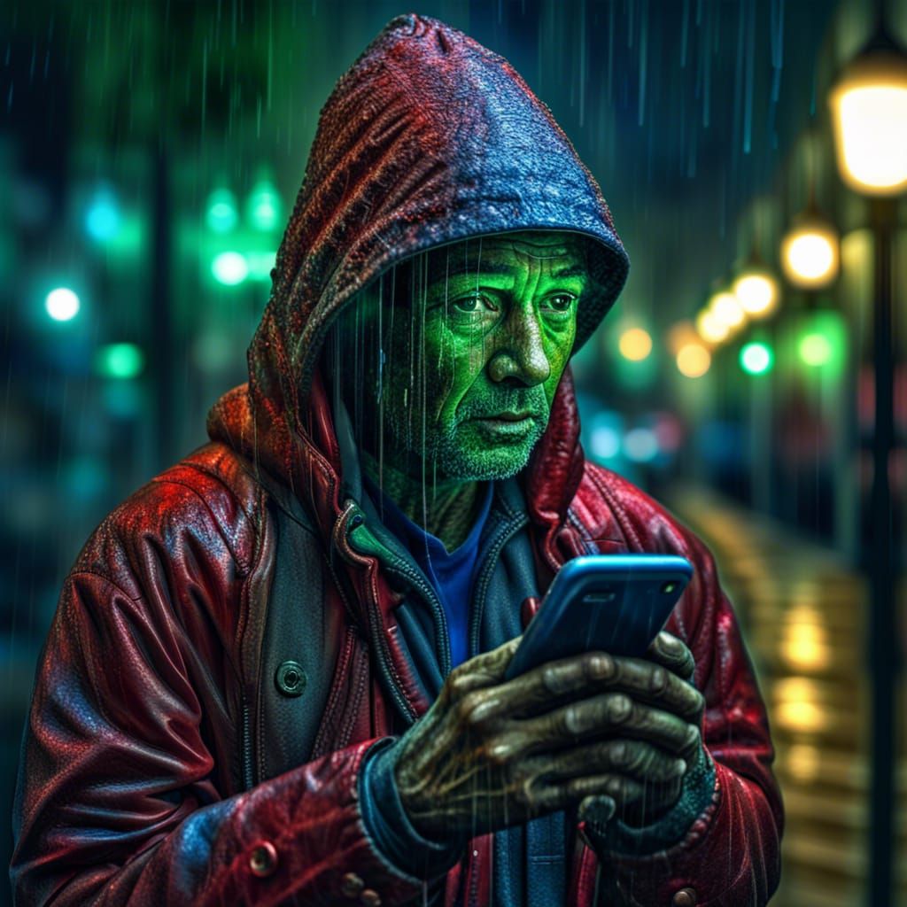 Mobile Phone Man Hybrid in the Rain