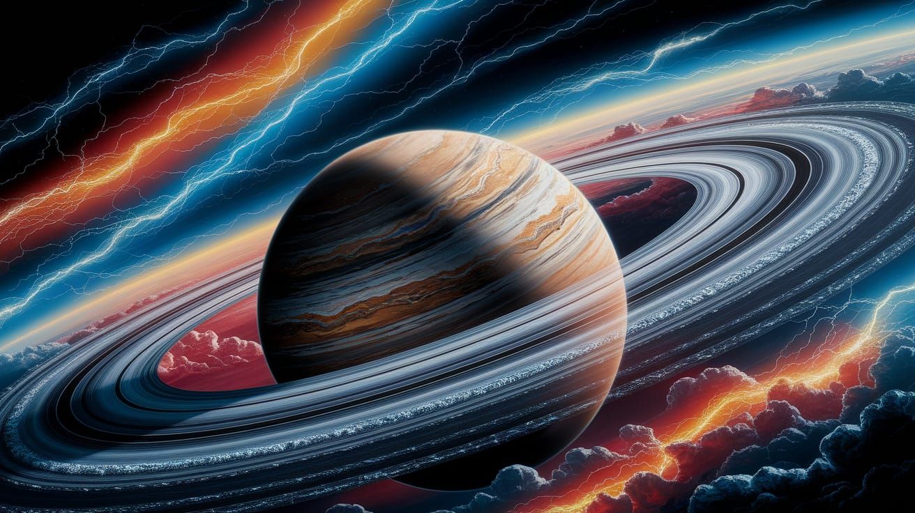 Surreal Cosmic Landscape with Glowing Rings and Stormy Weath...