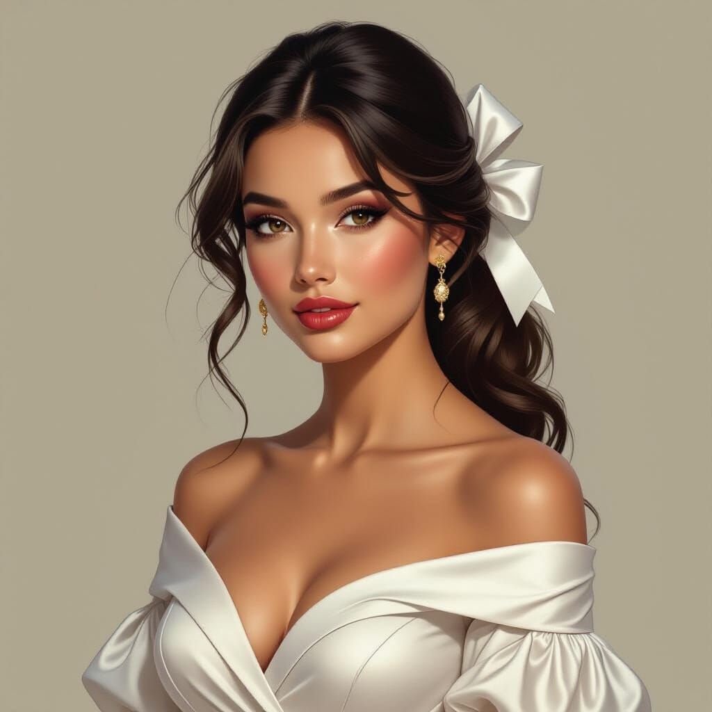 Elegant Woman with Braids and White Dress, Digital Art