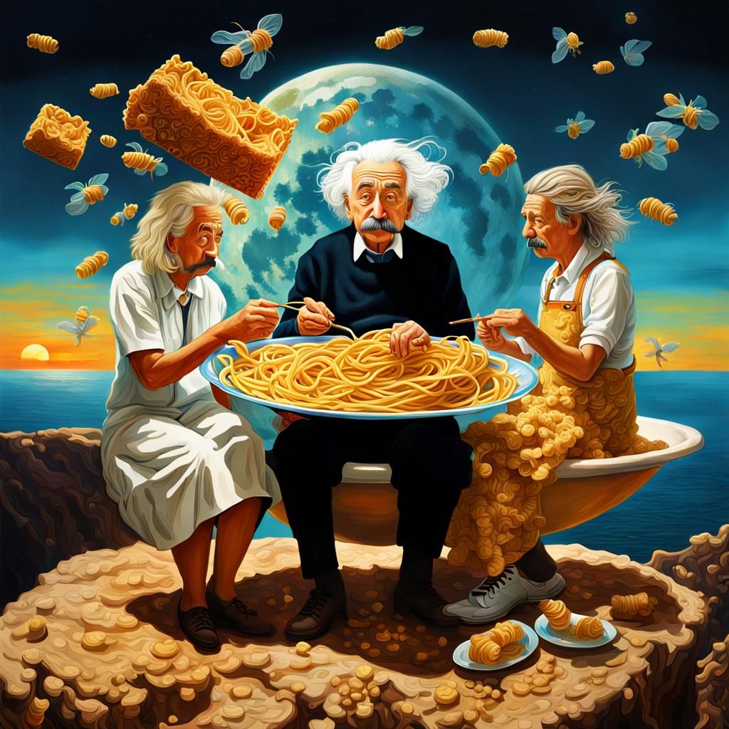 Einstein Family Pasta Meal: Surreal Double Exposure