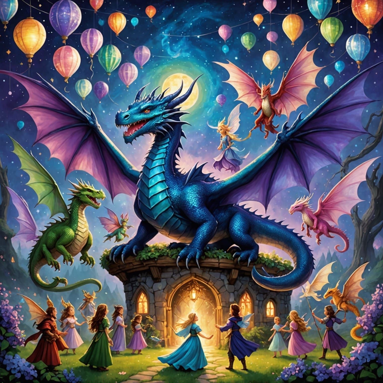 Fantasy Celebration with Dragons and Fairies in Anime Style
