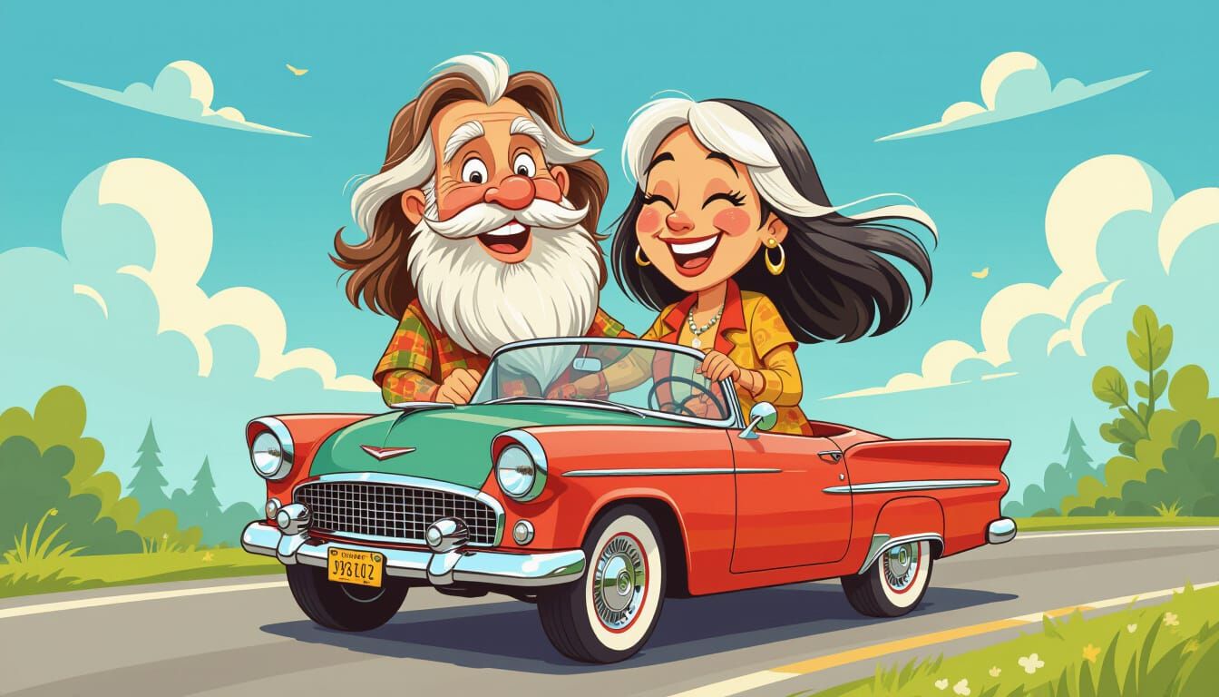Happy Hippie Couple in Caricature Cartoon Style