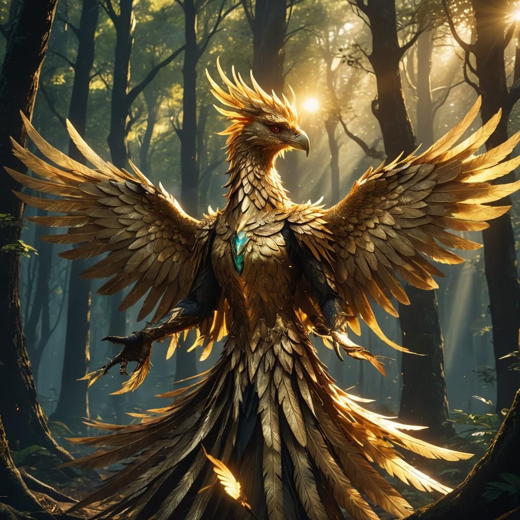 Golden Phoenix Cleansing Dark Forest: Anime Fantasy
