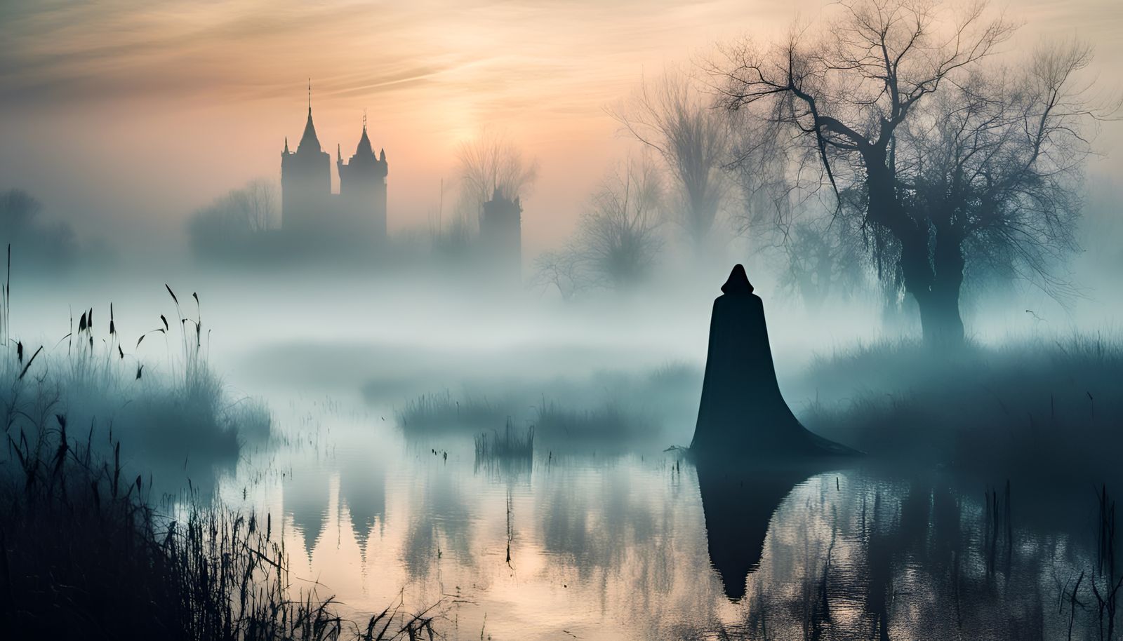 Mysterious Cloaked Figure in Misty Fantasy Landscape