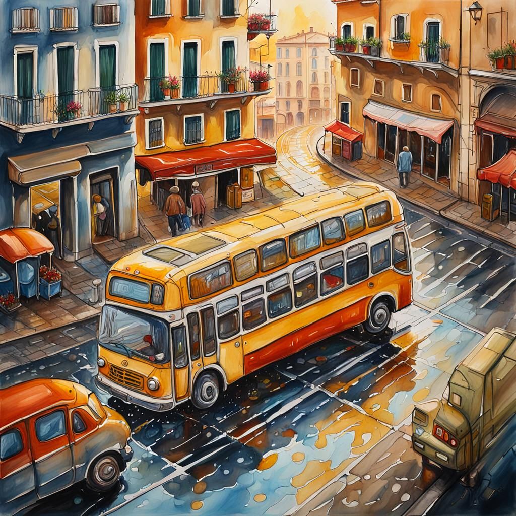 Mouse Carrying Bus in Gouache Painting