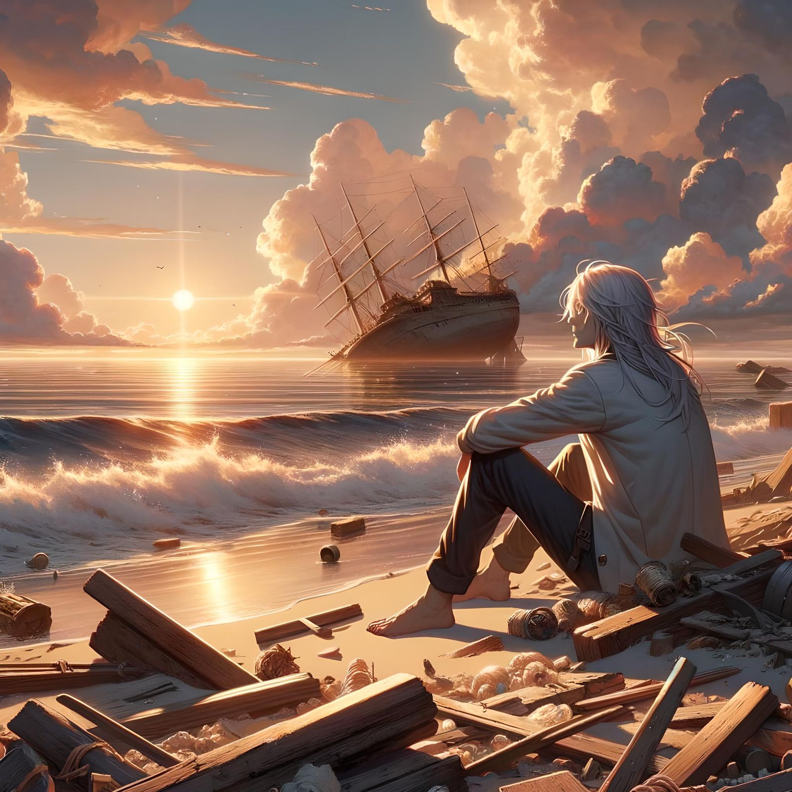 Man Gazing at Sunrise in Anime Style