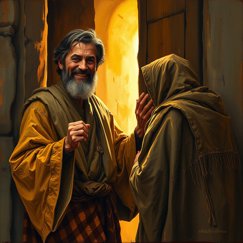 Kind Man Welcomes Traveler in Impasto Style