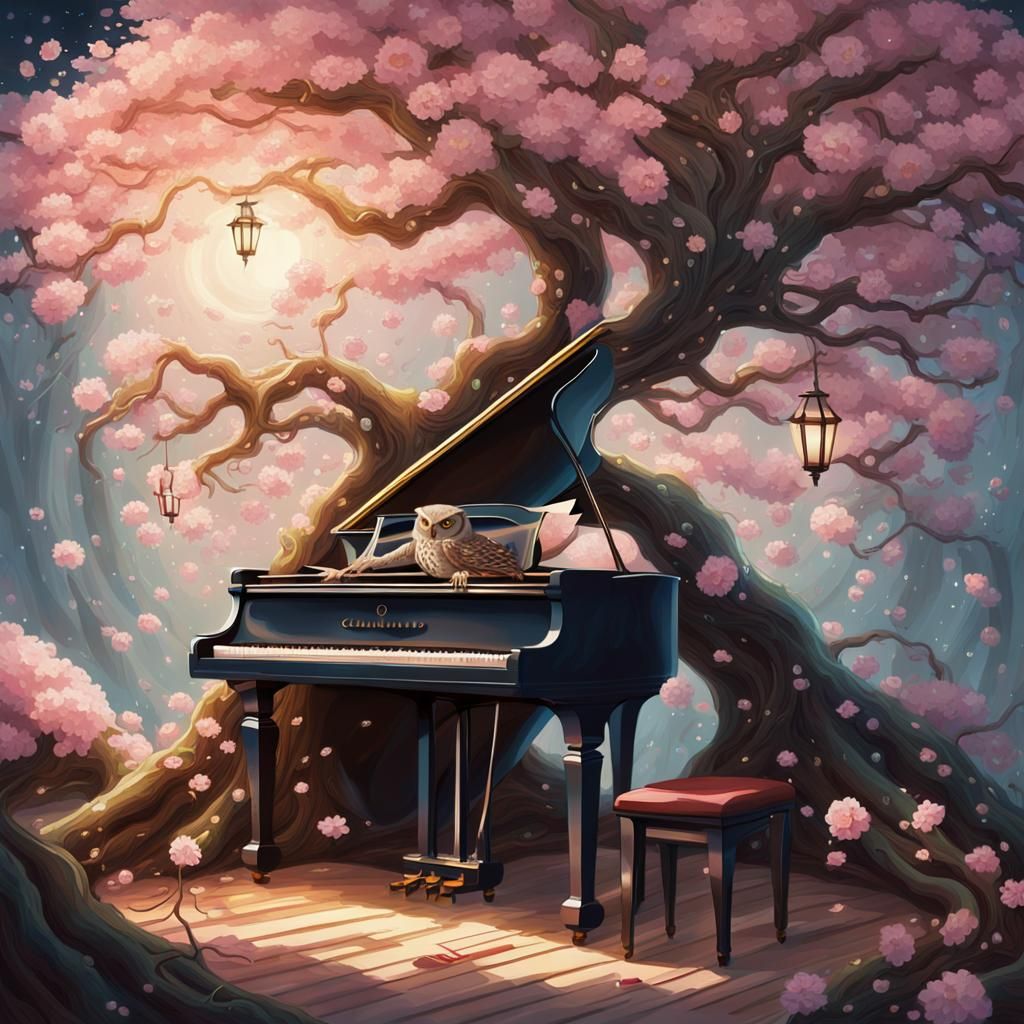 Fantasy Cherry Blossom Piano Tree, Digital Art