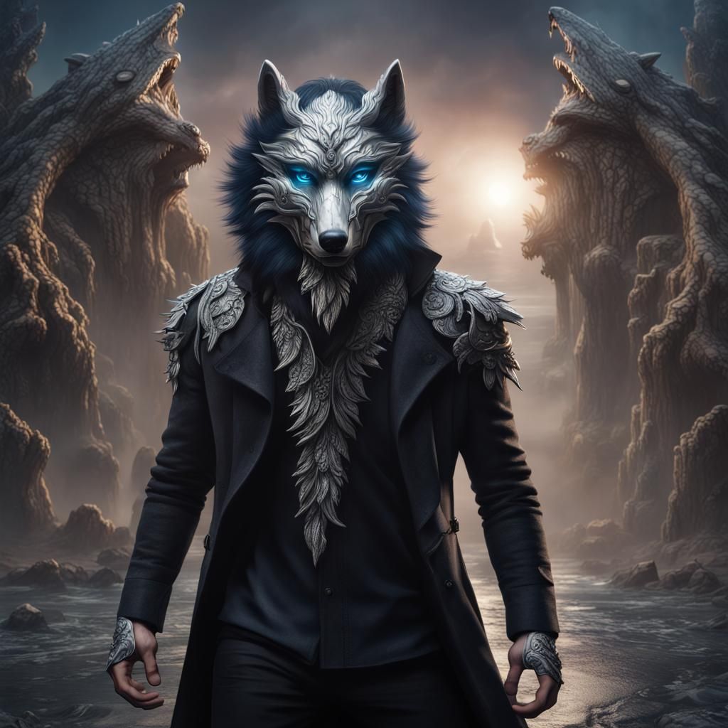 Masked Man with Wolf in Fantasy Concept Art