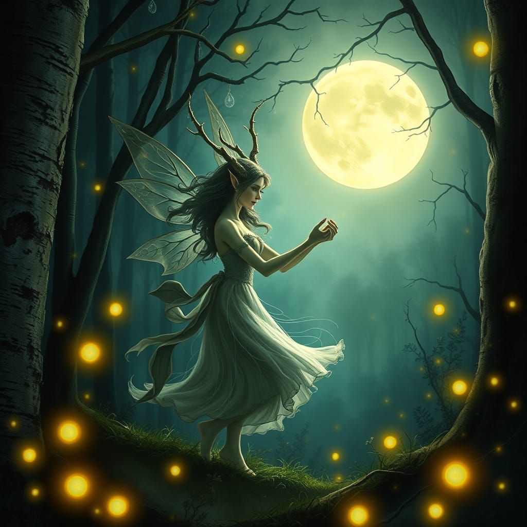 Mystical Dryad Dances Under Full Moon