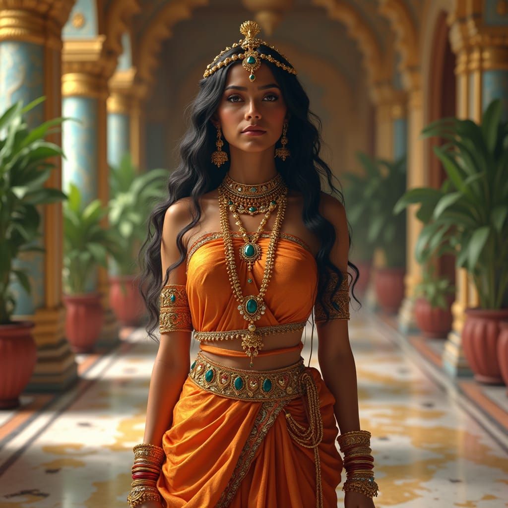 Regal Indian Queen in Vibrant Palace: Matte Painting