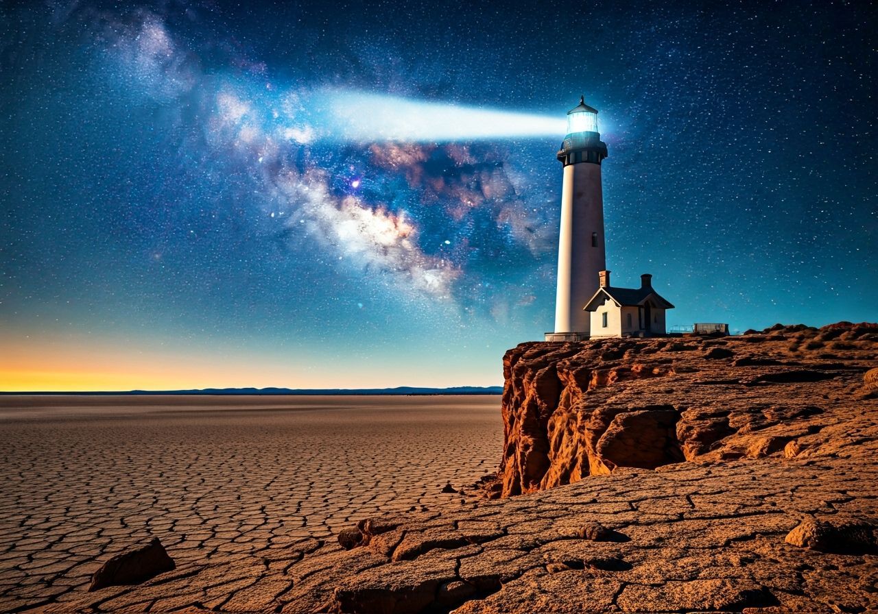 Lighthouse in Desert Wasteland Under Starry Night Sky