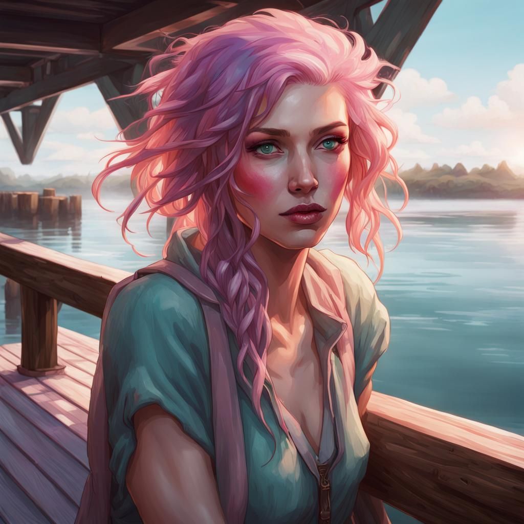 Watercolor Woman with Pink Hair and Violet Eyes