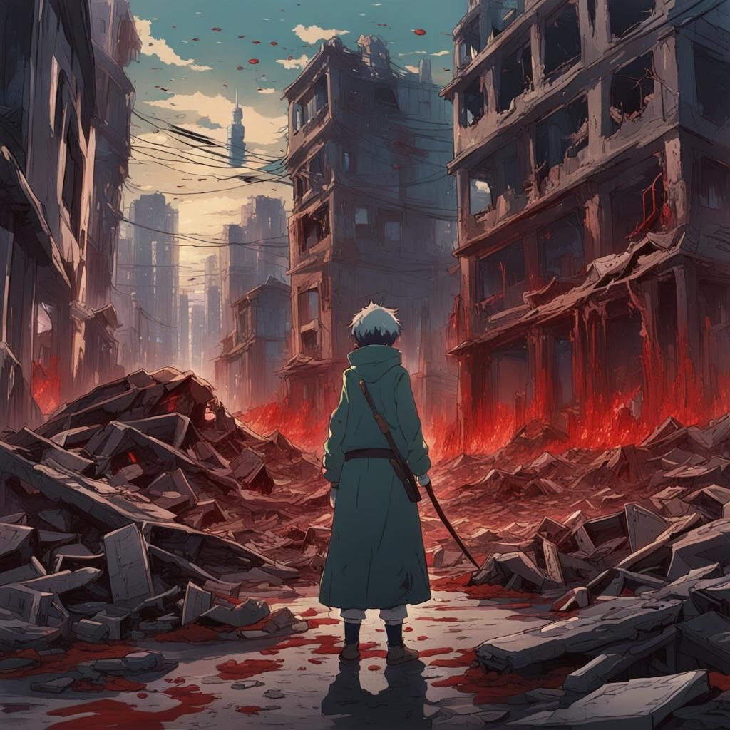 Scary Anime Villain in Destroyed City: Ghibli Style