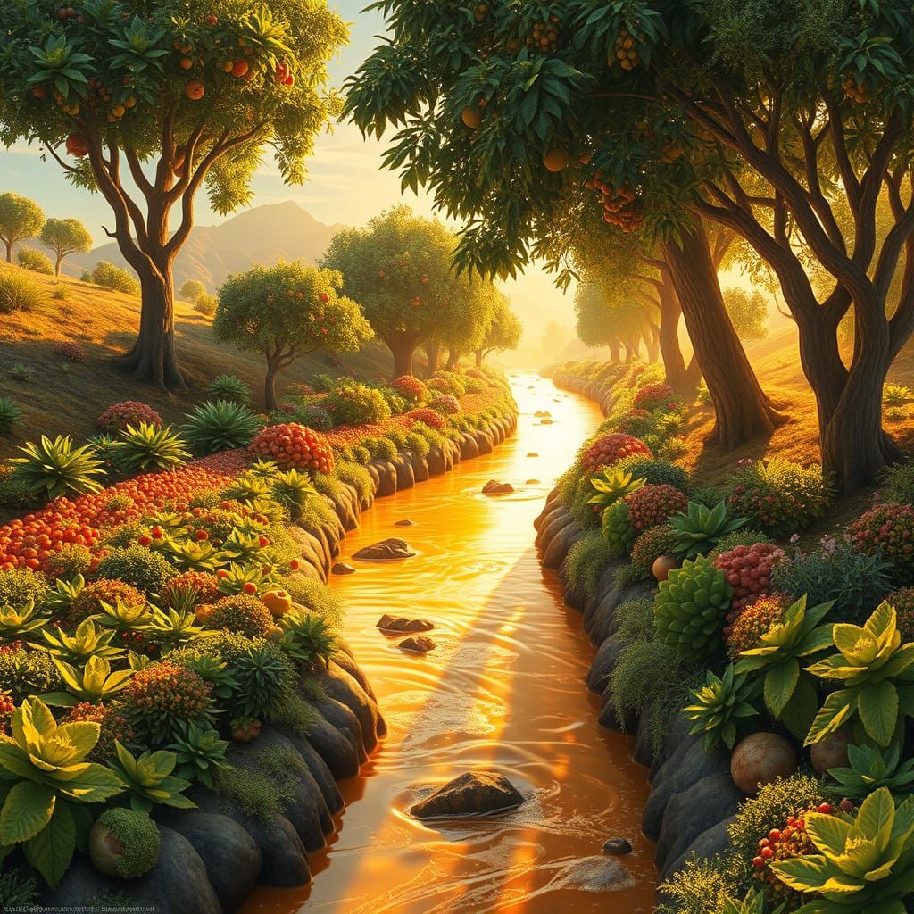 Golden Eden: Hyperrealistic Landscape with Vibrant Vegetable...