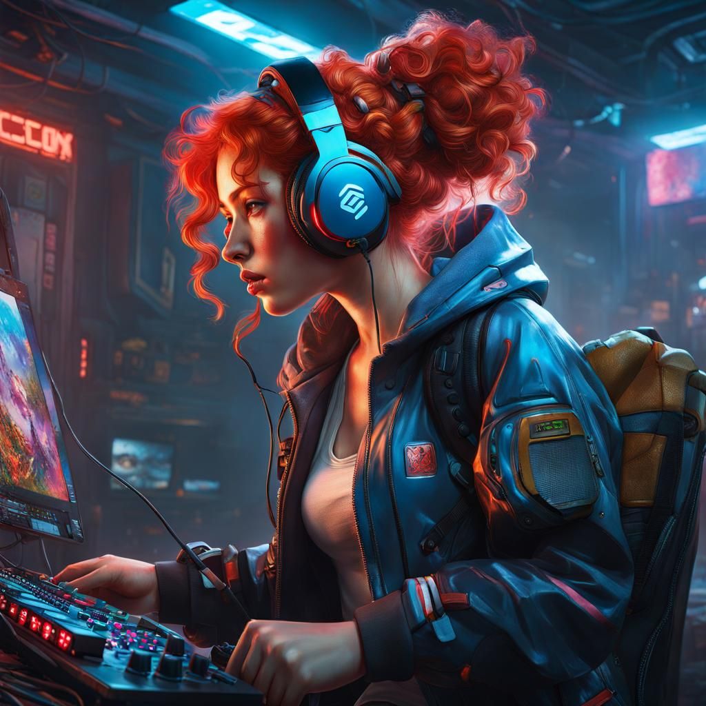 Sad Gamer Girl with High-Tech Headset in Fantasy Art Style