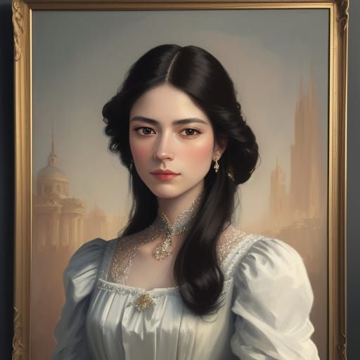 Elegant Oil Portrait of a Woman in Classical Setting