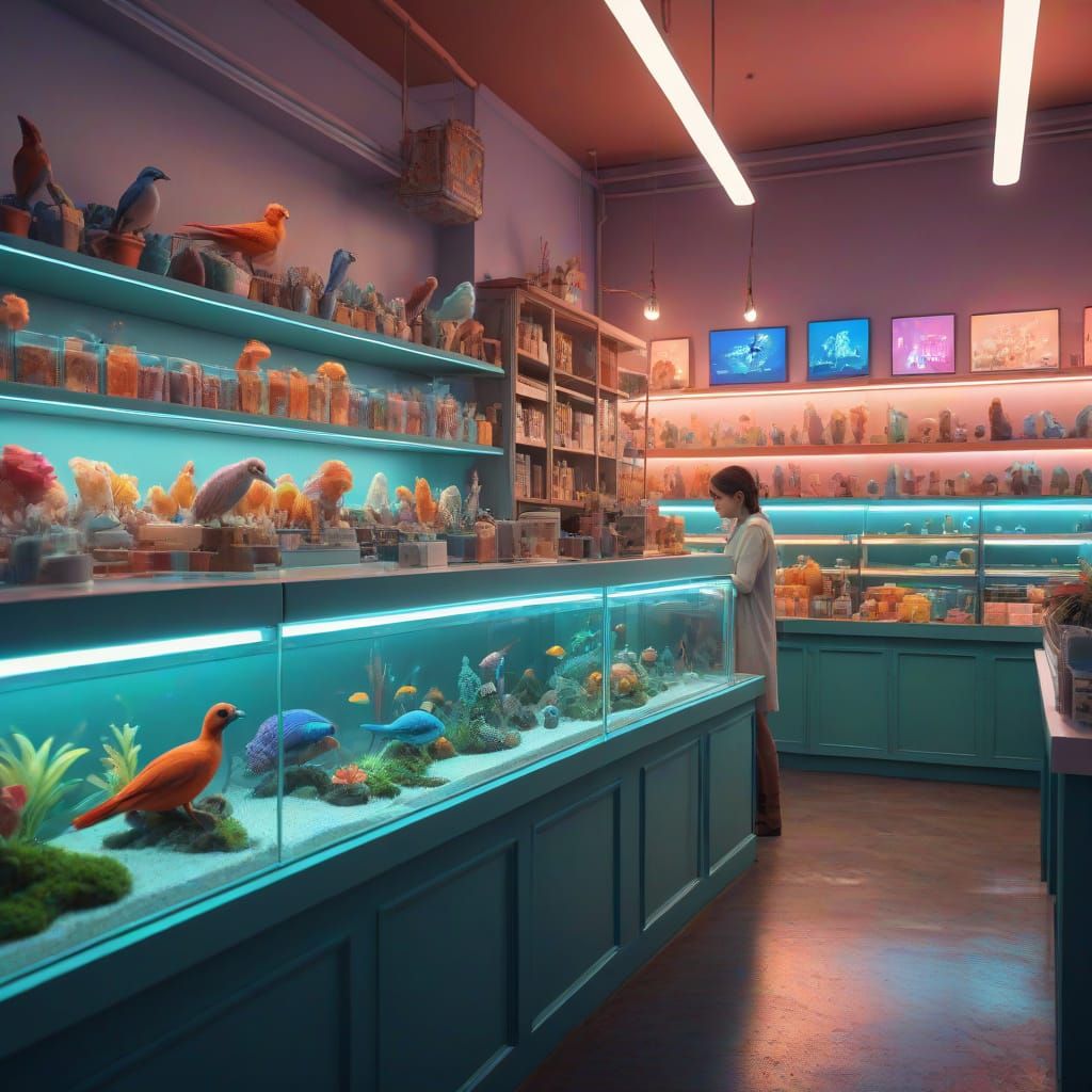 Vibrant Pet Store Clerk in Fantasy Illustration