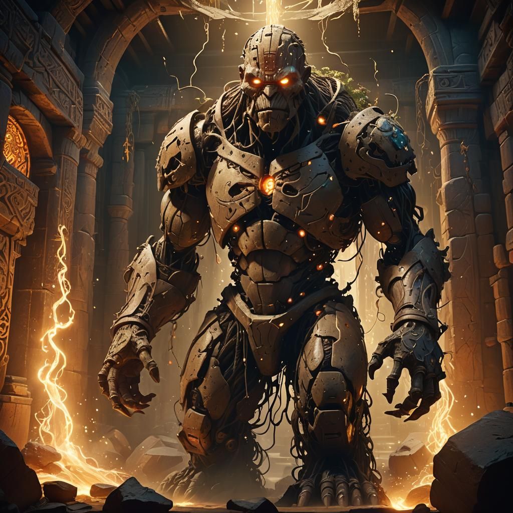 Earthen Golem in Mystical Chamber, Hyperrealistic Concept Ar...