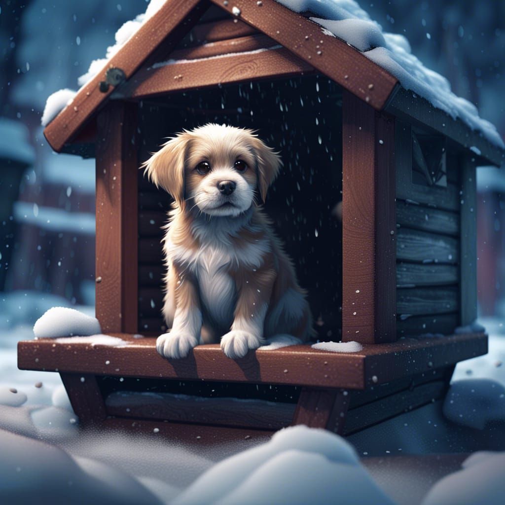 Puppy in Dog House During Snowstorm: Detailed Matte Painting