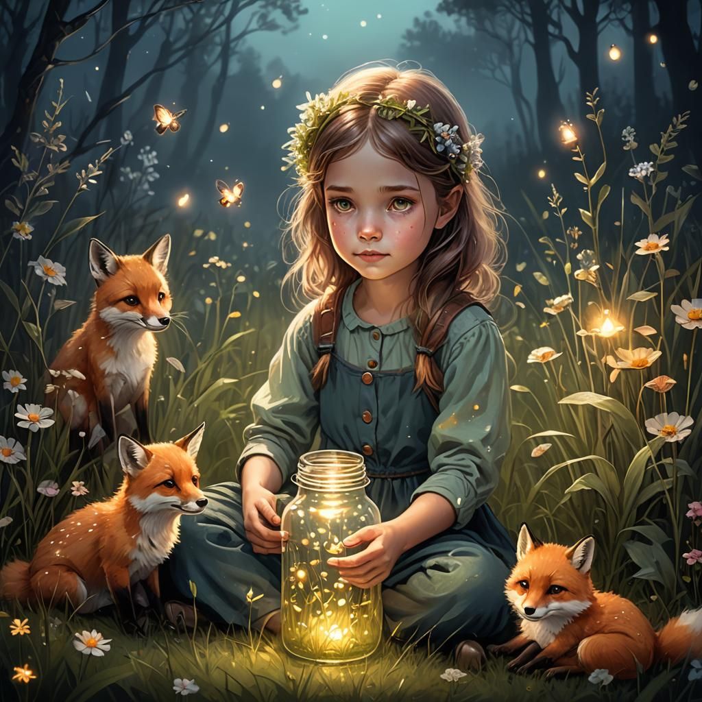 Girl with Fireflies in Magical Forest, 3D Digital Art
