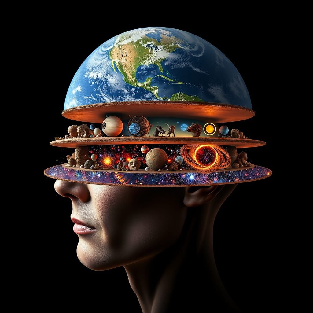 Cosmic Human Head Layers in Surreal Style