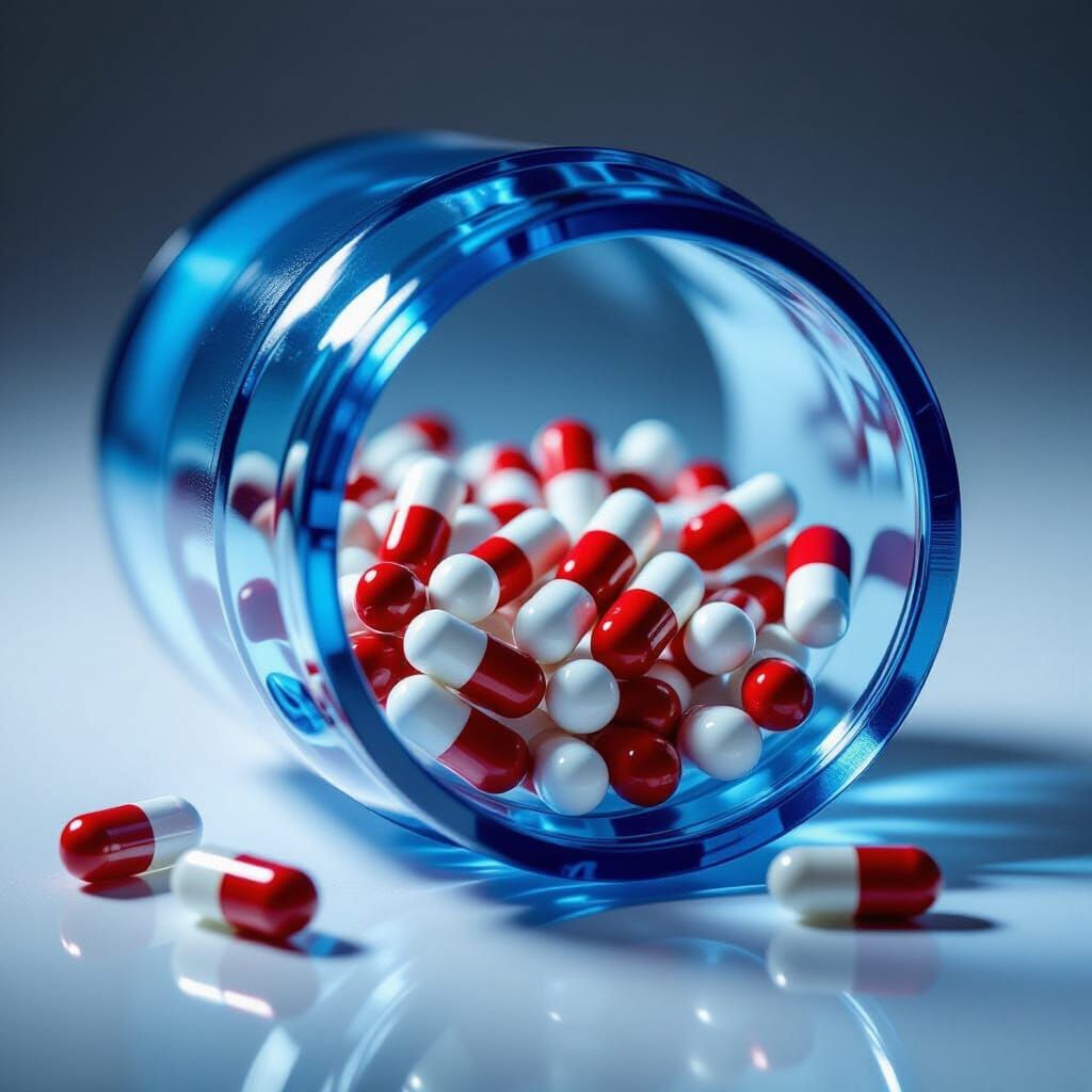 Macro Photo of Tiny Pills in Blue Bottle