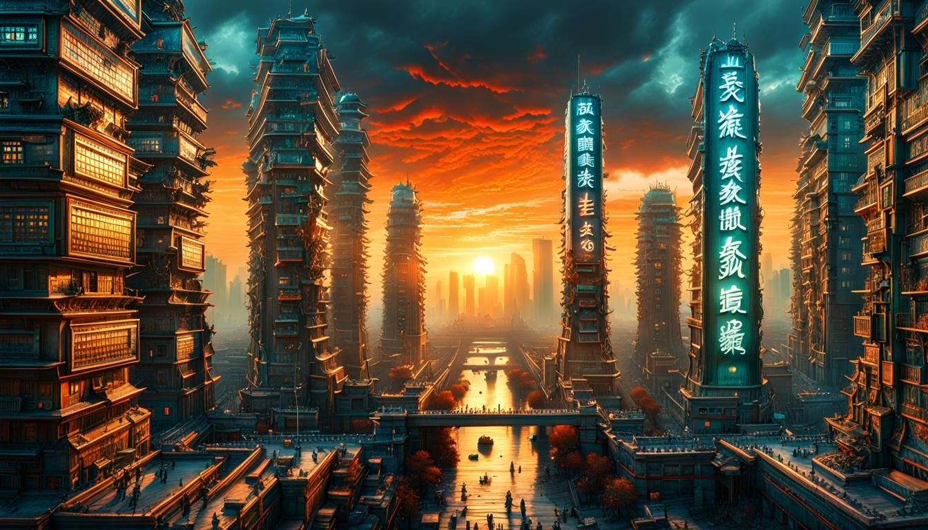 Detailed Beijing Cityscape at Sunset in Teal and Orange