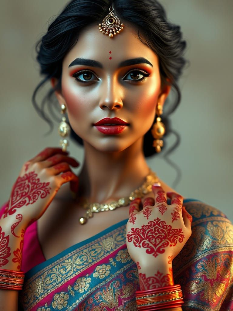 Elegant Indian Beauty in Vibrant Sari with Intricate Henna a...