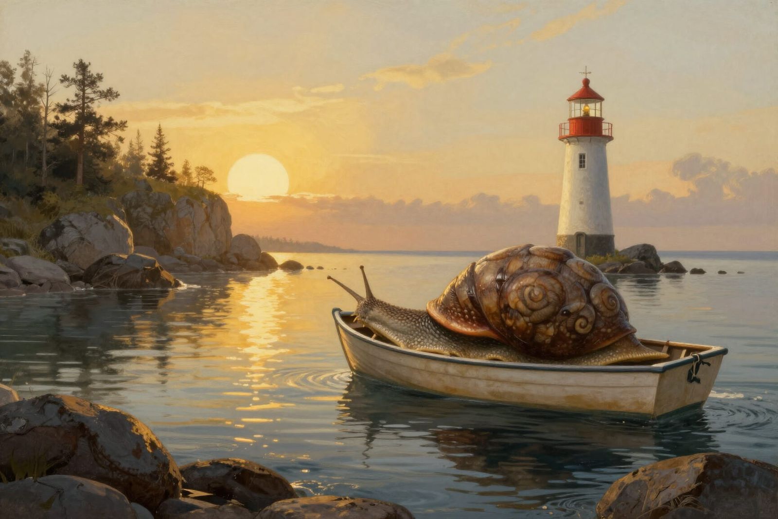 Lighthouse, Giant Snail, Rowboat