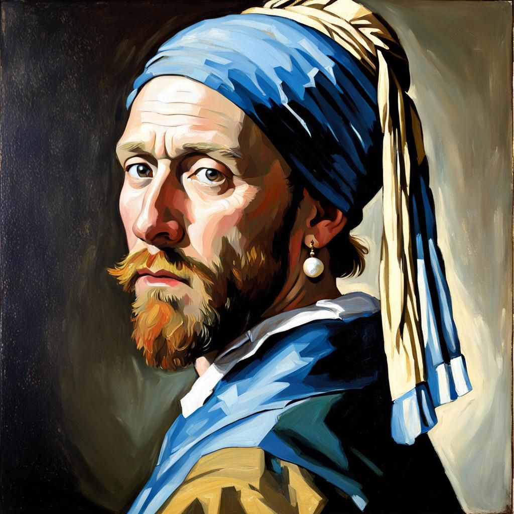 Bearded Man with Pearl Earring as Oil Painting