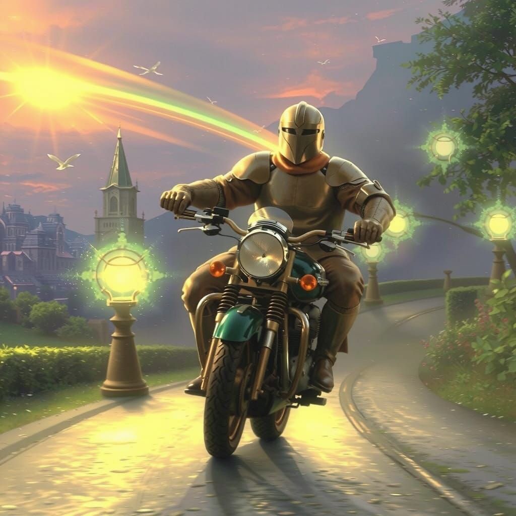 Knight on Motorcycle in Ethereal City