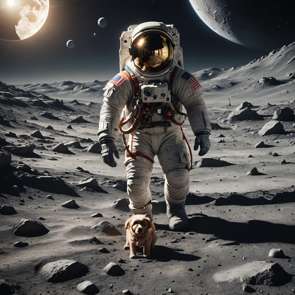 Astronaut and Dog on Moon in Sunlight