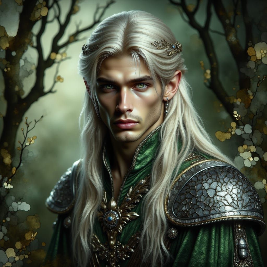 Ethereal Elf in Crinkled Metallic Armor, Ancient Forest at D...