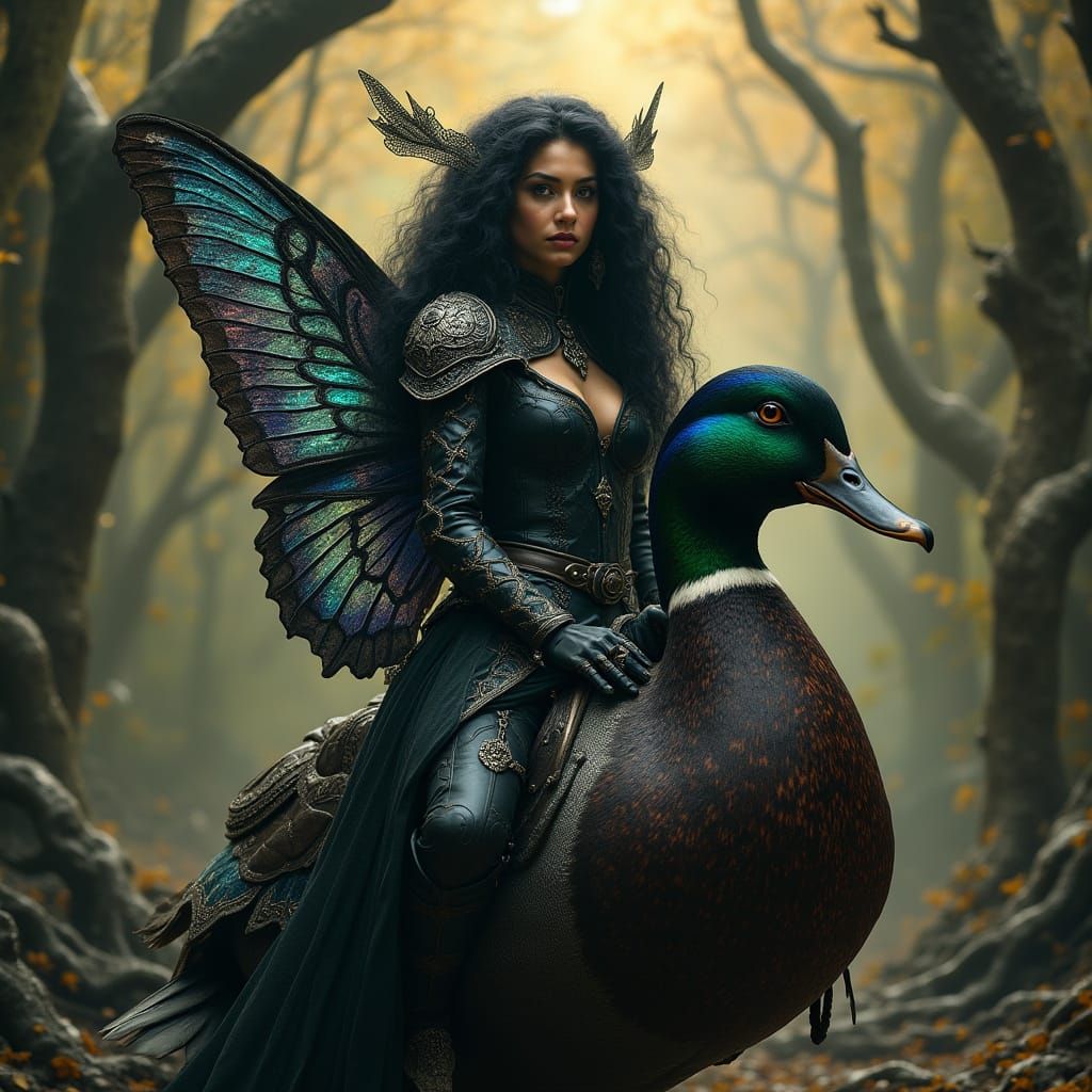 Mystical Faerie Rides Majestic Mallard in Golden Forest