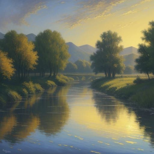 Luminous River Galilee Oil Painting in Golden Hour Light